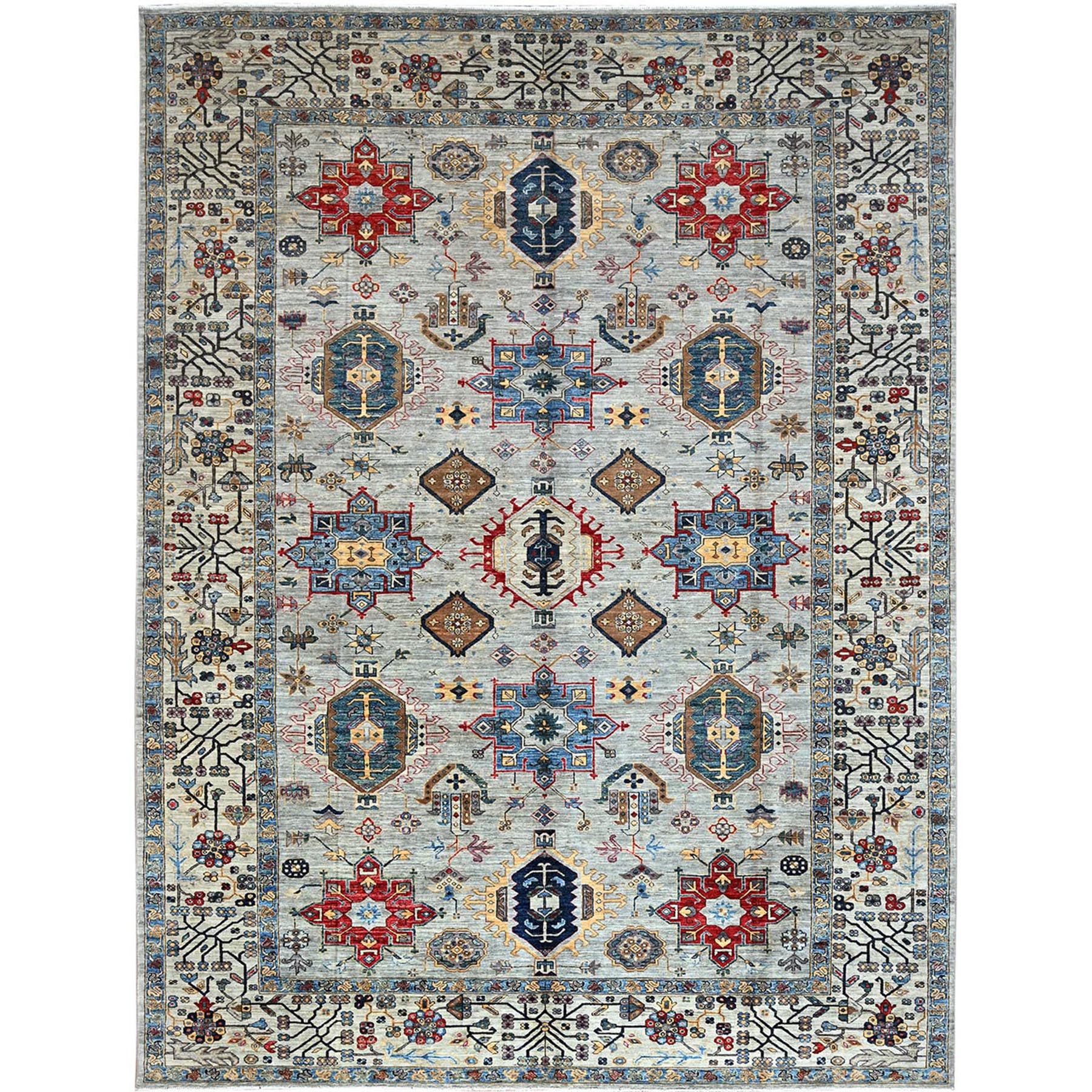 Pigeon Gray With Swiss Coffee White, 100% Wool, Afghan Super Kazak with Large Geometric Medallions Pattern, Densely Woven Natural Dyes, Hand Knotted, Oriental Rug